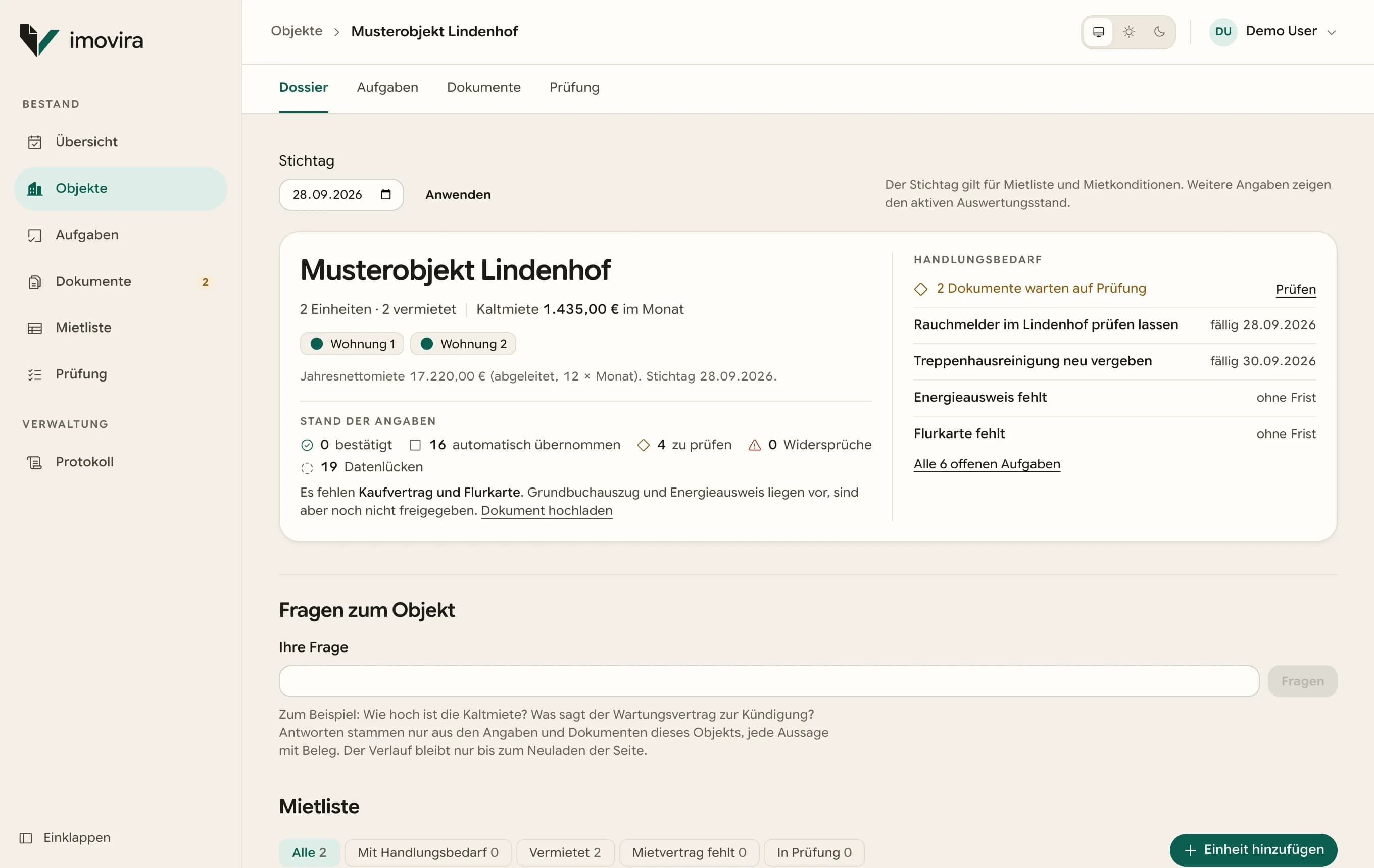Dossier des Musterobjekts Lindenhof: Überblick mit Einheiten, Stand der Angaben und Handlungsbedarf, darunter Fragen zum Objekt